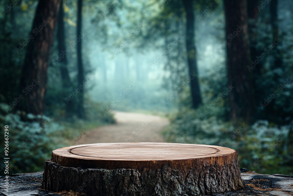 Wooden Tree Stump In Misty Forest. Wooden Tree Stump In Misty Forest.