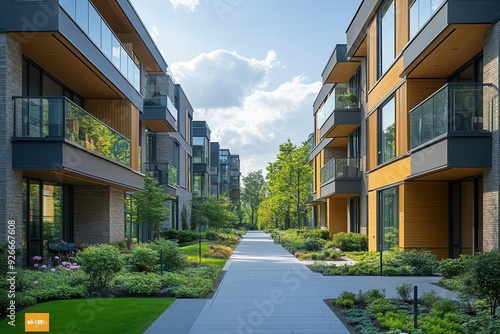 modern urban skyline with sleek lowrise apartments clean lines and large windows reflect golden sunlight green spaces and pedestrianfriendly areas between buildings photo