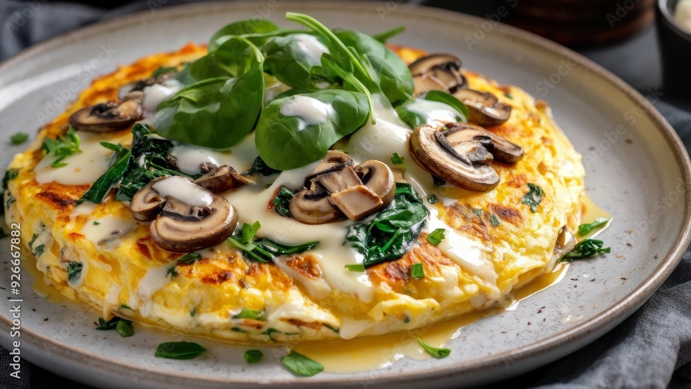A delicious omelette served with mushrooms, spinach and melted cheese. A delicious omelette served with mushrooms, spinach and melted cheese.