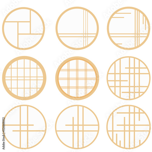 丸型の障子イラストセット　ベクター　丸型デザイン　和