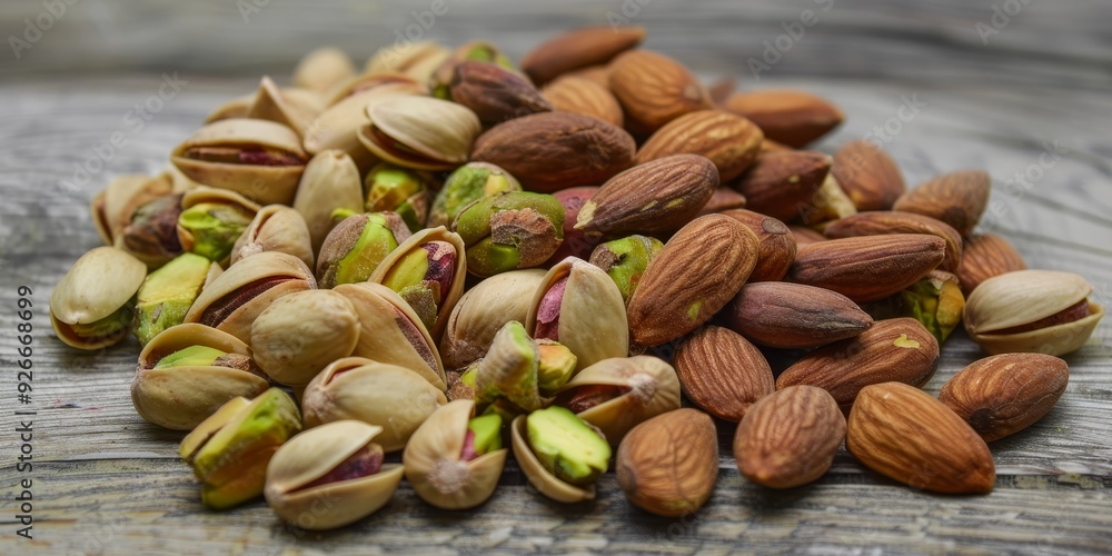 A close-up of assorted nuts, including almonds and pistachios, showcasing their rich textures and colors on a wooden background. A close-up of assorted nuts, including almonds and pistachios, showcasing their rich textures and colors on a wooden background.