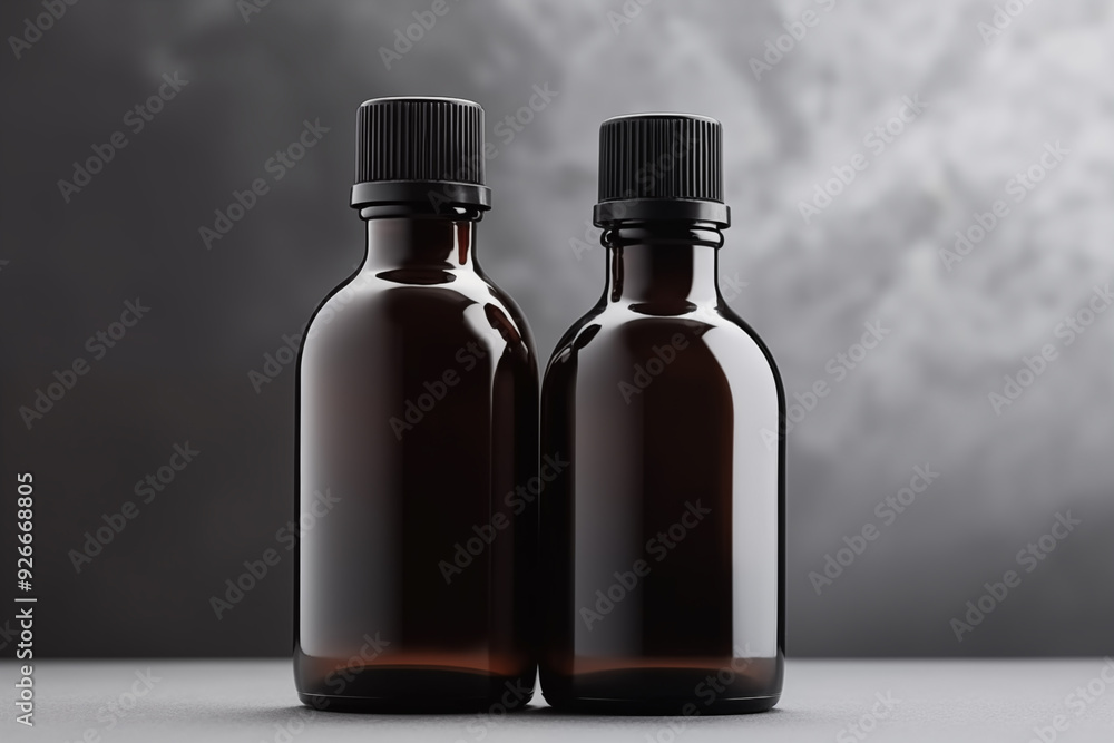 Two amber glass bottles on gray background Two amber glass bottles on gray background