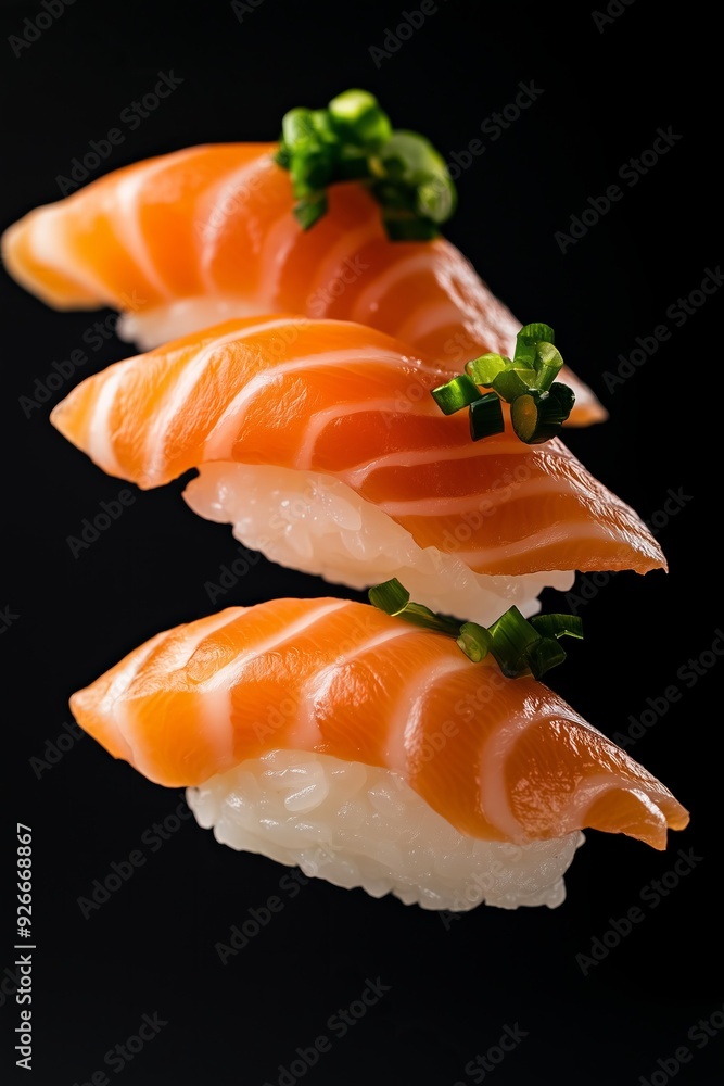 salmon nigiri flying in a dynamic arrangement in the air, on black background salmon nigiri flying in a dynamic arrangement in the air, on black background