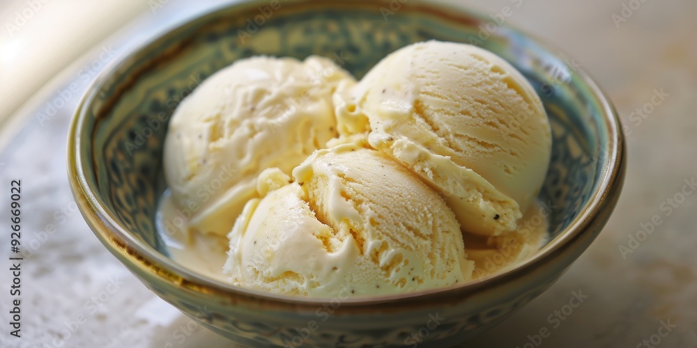 A close-up view of creamy vanilla ice cream scoops in a decorative bowl, perfect for desserts and summer treats. A close-up view of creamy vanilla ice cream scoops in a decorative bowl, perfect for desserts and summer treats.