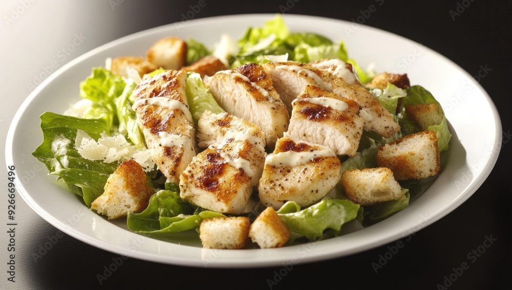 Chicken Caesar salad with croutons and dressing. Chicken Caesar salad with croutons and dressing.