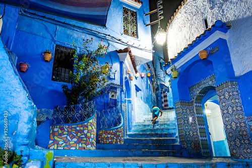 Night in Medina alleys and stairs of Chefchaouen, the famous Blue Pearl of Morocco or Blue City. Chaouen is noted for its buildings in shades of blue, UNESCO heritage