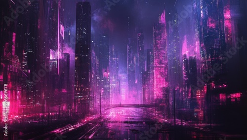 Cyberpunk cityscape with pink neon lights.