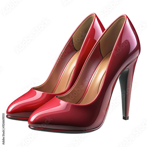 Glossy red high heels with a stiletto design, isolated on a white background