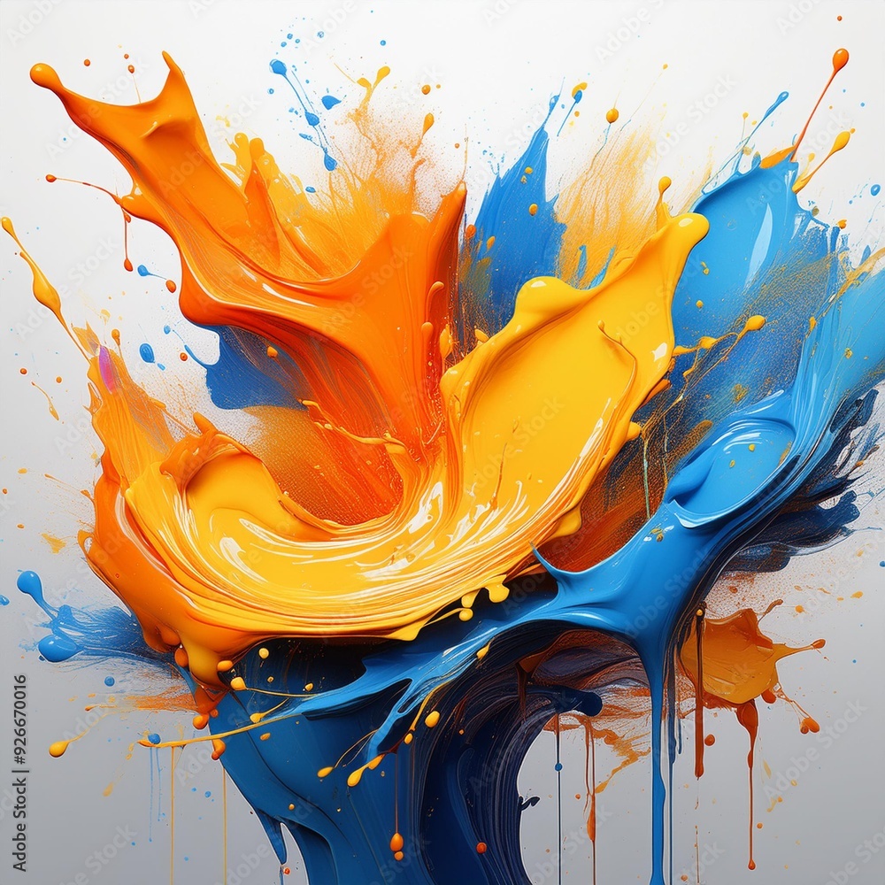 Colorful paint splashes on white background with orange, blue and ...