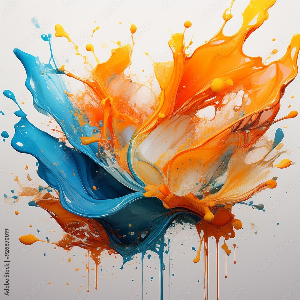 Colorful paint splashes on white background with orange, blue and ...
