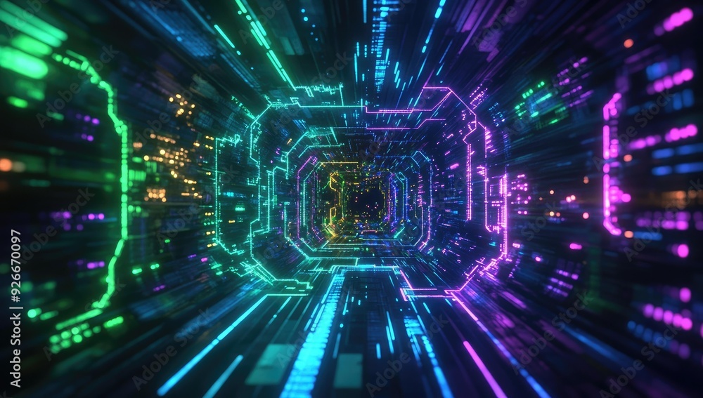 Neon lines form a glowing tunnel. Neon lines form a glowing tunnel.