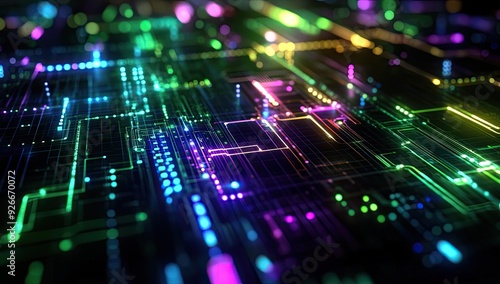 Neon lights illuminate a circuit board.
