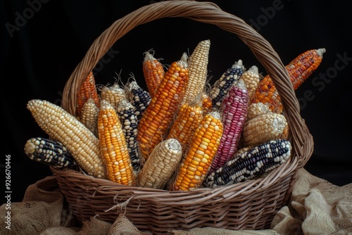 'A basket briming with vibrant ears of corn, showcasing a variety of colors and patterns. A visually rich harvest display.' photo