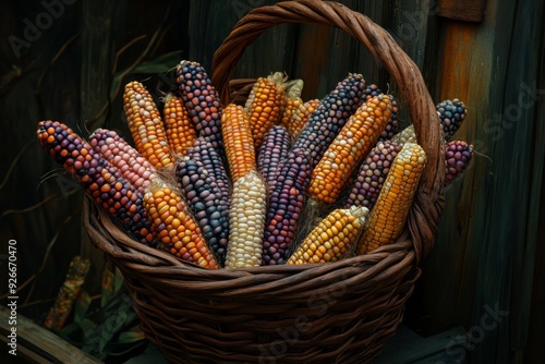 'A wicker basket brimming with multi-colored and patterned ears of corn. The diversity showcases a range of colors and textures.' photo