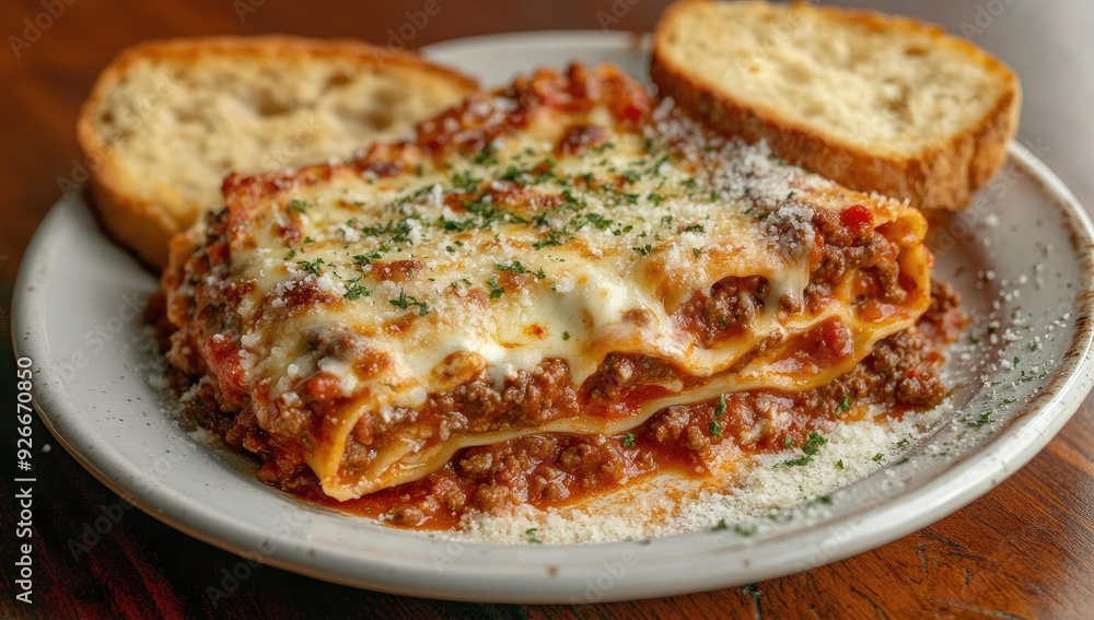Lasagna on a plate with bread. Lasagna on a plate with bread.