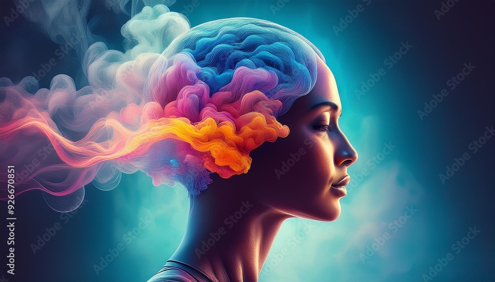 Woman's head emitting smoke in 3d illustration of mental health and inner turmoil concept Woman's head emitting smoke in 3d illustration of mental health and inner turmoil concept