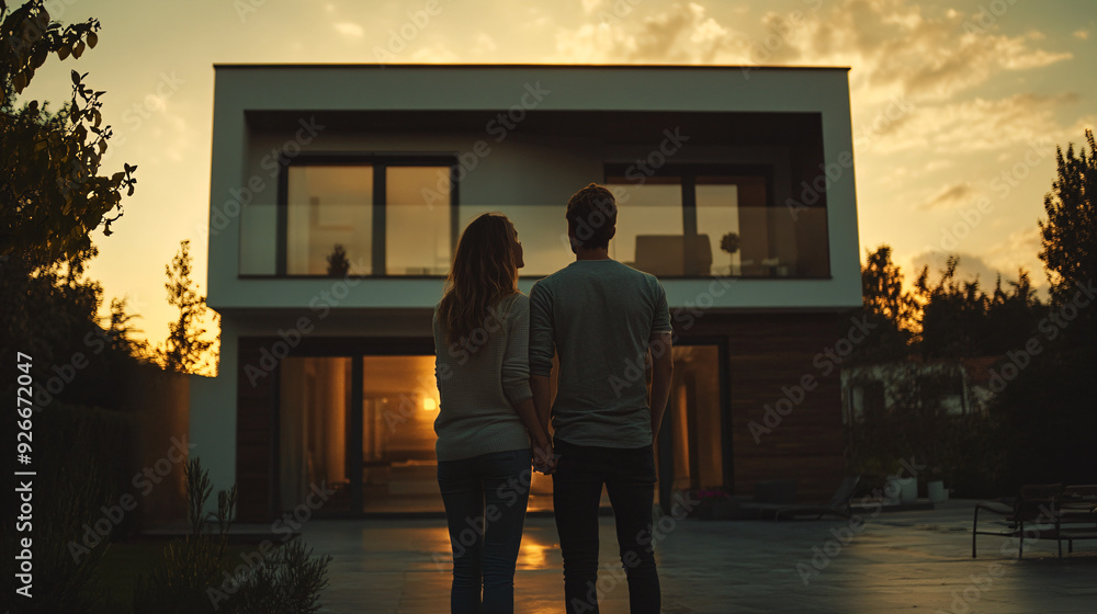 Couple Standing in Front of Modern Home at Sunset. Couple Standing in Front of Modern Home at Sunset.
