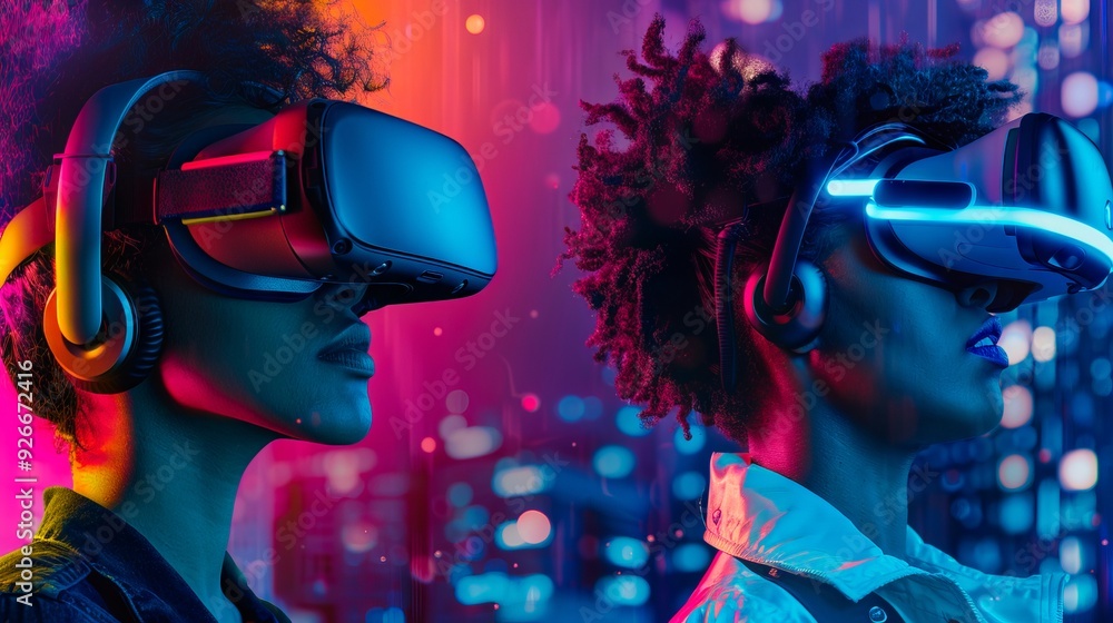 Two people wearing vr headsets in front of a city at night Two people wearing vr headsets in front of a city at night