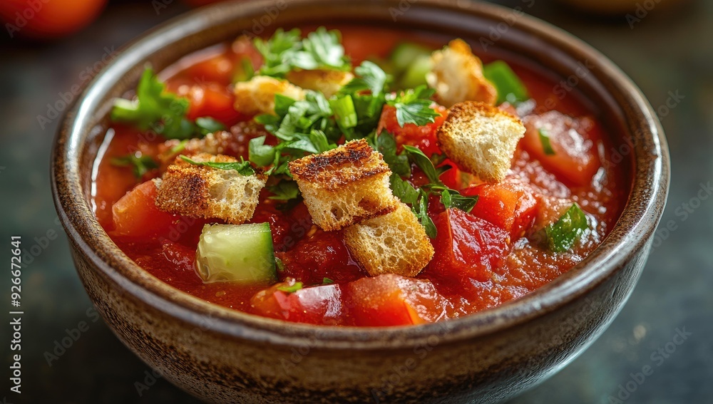 Tomato soup with croutons and parsley. Tomato soup with croutons and parsley.