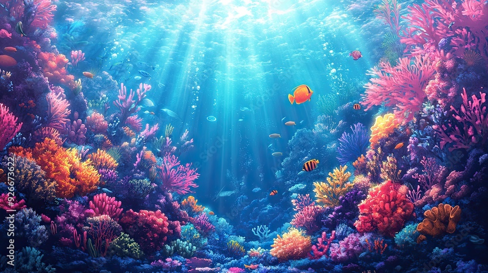 Fototapeta premium Vibrant Coral Reef Wonderland, a colorful underwater ecosystem teeming with diverse marine life, showcasing brilliant coral formations and a variety of exotic fish swimming gracefully.