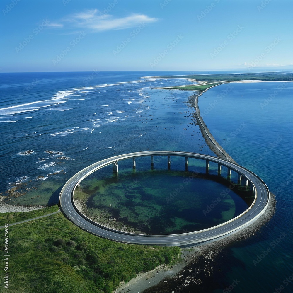 Fototapeta premium AI generated images,Circular Bridge, architectural landmark bridge across the sea, river 