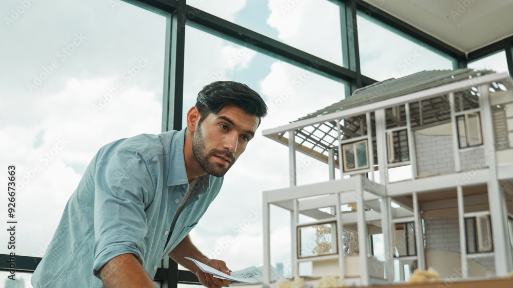 custom made wallpaper toronto digitalProfessional architect engineer comparing between blueprint house model. Businessman decide to invested money in real estate project. Project manager checks house by comparing with plan. Tracery