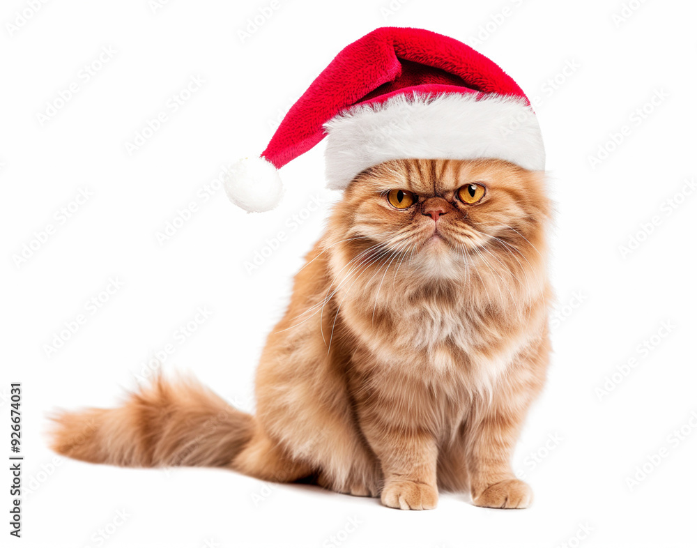 Red Maine Coon cat wearing a Santa hat on a light background Red Maine Coon cat wearing a Santa hat on a light background