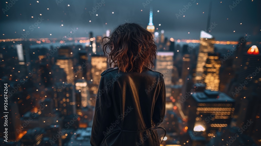 Confident young woman with curly brown hair in fashionable city setting. Confident young woman with curly brown hair in fashionable city setting.