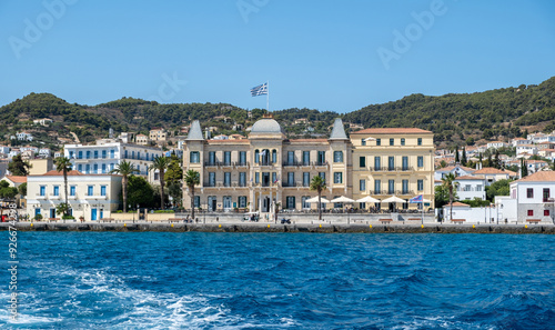 Fototapeta Naklejka Na Ścianę i Meble -  Spetses island, Greece. Seafront buildings view from the sea