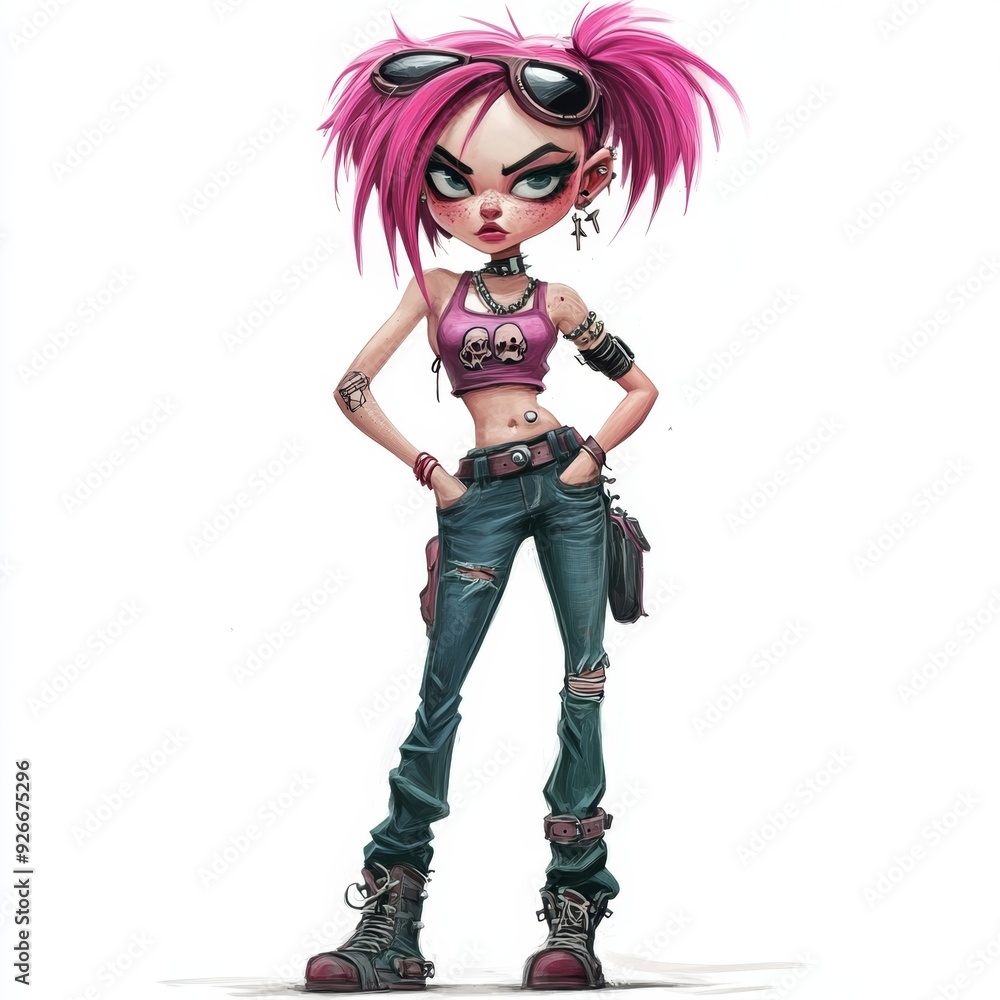Cartoon girl with pink hair, sunglasses, and ripped jeans. Cartoon girl with pink hair, sunglasses, and ripped jeans.