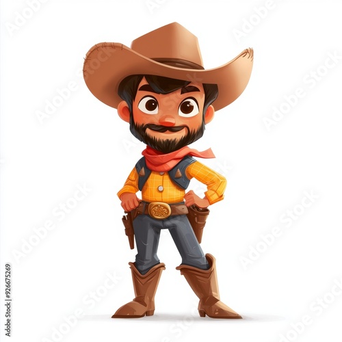 Cartoon cowboy wearing a brown hat, yellow shirt, and blue jeans.