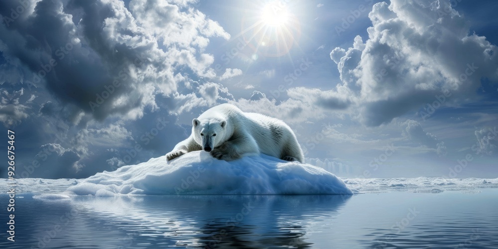 Obraz premium A majestic polar bear rests on an iceberg under a bright sun, surrounded by serene waters and dramatic clouds.