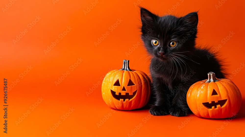 A black kitten sitting next to two carved pumpkins on an orange background A black kitten sitting next to two carved pumpkins on an orange background