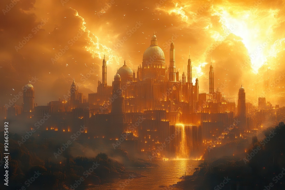 Naklejka premium new jerusalem cityscape radiant golden city descending from heavens intricate architecture blending with natural elements surrounded by lush landscape