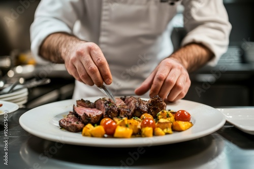 Close up of a chef's hand plating a steak with roasted vegetables.