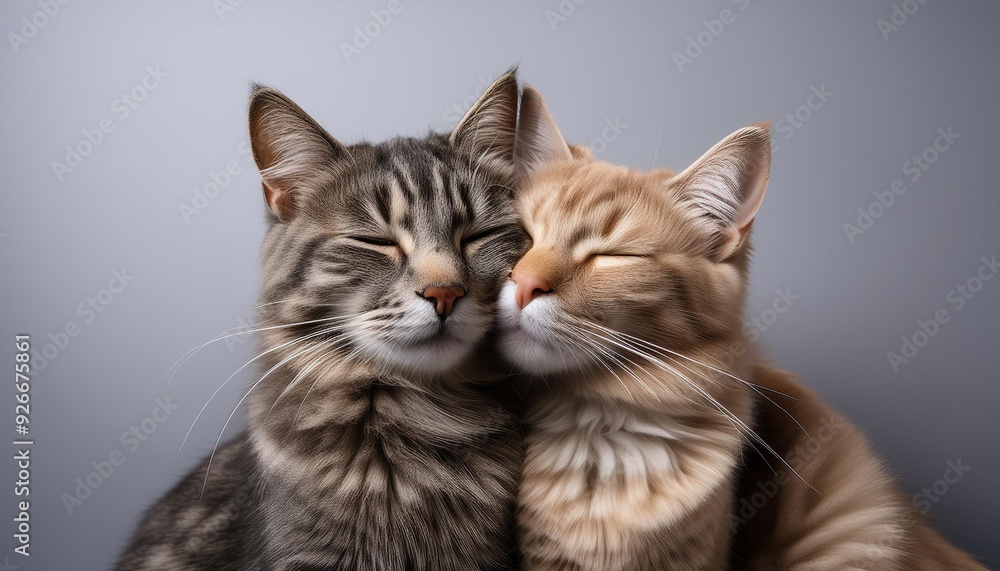 Cats cuddling together on gray background in a comforting moment of beauty and love Cats cuddling together on gray background in a comforting moment of beauty and love