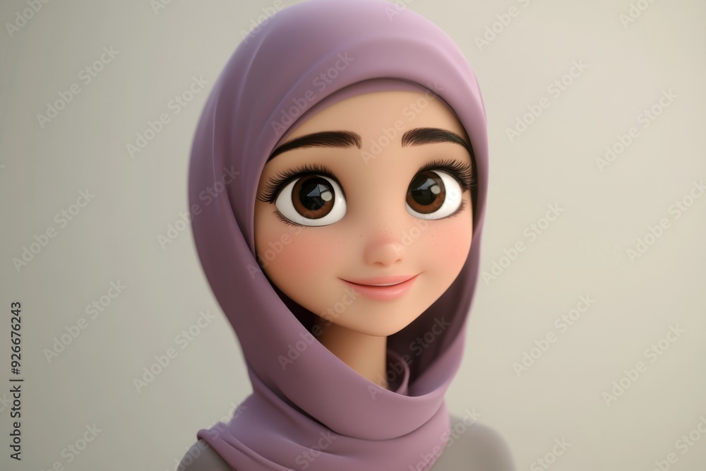 Closeup portrait of a 3D cartoon girl with a purple headscarf. Closeup portrait of a 3D cartoon girl with a purple headscarf.