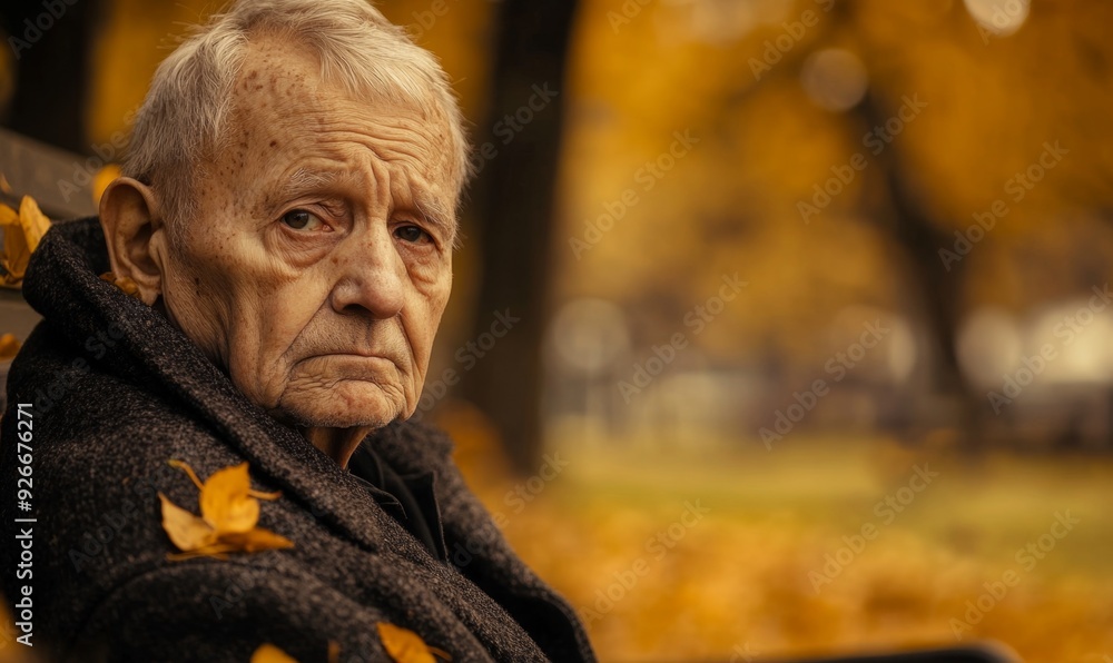Close-up portrait of a senior man sitting outdoors with a melancholic expression. Close-up portrait of a senior man sitting outdoors with a melancholic expression.