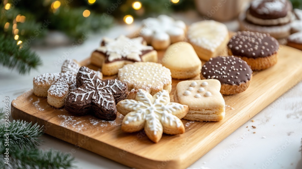 Assorted Christmas Cookies on Wooden Board with Festive Background Assorted Christmas Cookies on Wooden Board with Festive Background