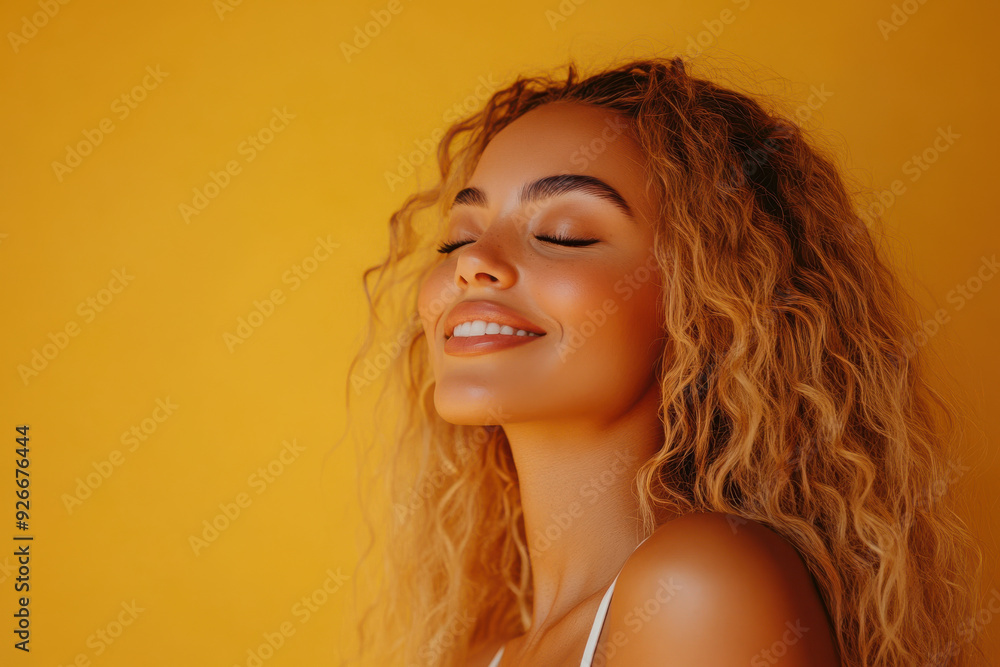 A close up of a black woman's face with her eyes closed and long blond hair A close up of a black woman's face with her eyes closed and long blond hair