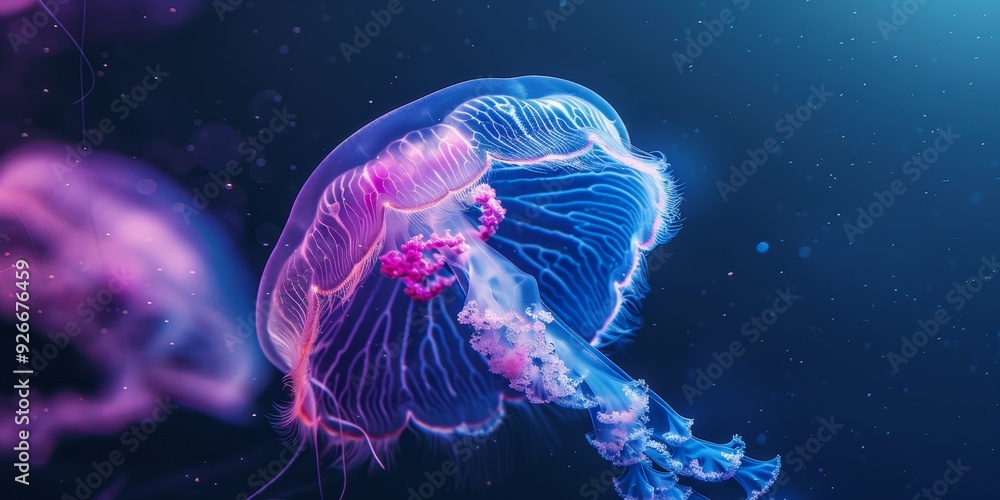 A mesmerizing jellyfish floats gracefully in vibrant neon colors, creating a stunning visual in an underwater environment. A mesmerizing jellyfish floats gracefully in vibrant neon colors, creating a stunning visual in an underwater environment.