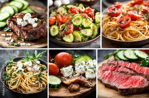 Collage of food items including steak, pasta, vegetables, and cheese.