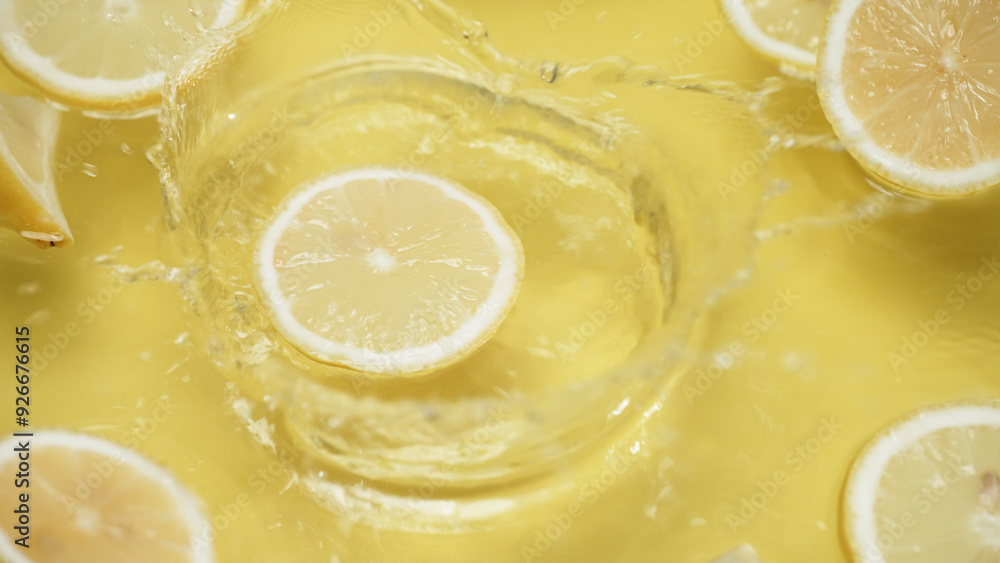 Close up of fresh lemon slices water splashing on separated yellow background. Macrography of citrus fruit dropping with splashing and spilling water with floating sliced lemon. Freshness. Pabulum. Close up of fresh lemon slices water splashing on separated yellow background. Macrography of citrus fruit dropping with splashing and spilling water with floating sliced lemon. Freshness. Pabulum.