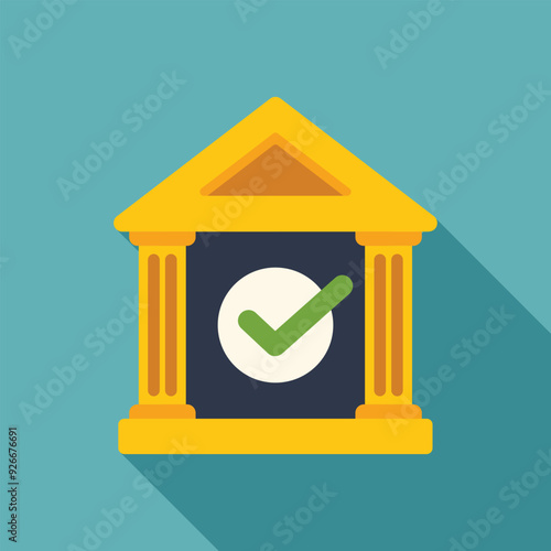 Simple vector illustration of a bank building with a check mark, evoking financial security and success