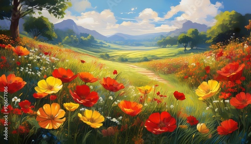 Beautiful Field of Red, Orange, and Yellow Flowers A Serene Landscape Painting in Lush Greenery