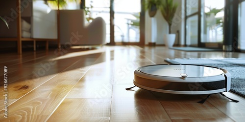 A modern robotic vacuum cleaner navigating a sunlit wooden floor in a stylish interior, showcasing advanced technology and convenience.