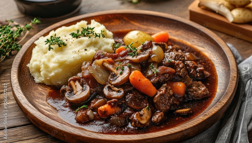 Beef stew, mashed potatoes, carrots and mushrooms. Beef stew, mashed potatoes, carrots and mushrooms.
