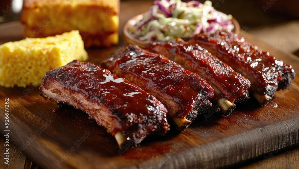 BBQ ribs, cornbread, and coleslaw on wooden board. BBQ ribs, cornbread, and coleslaw on wooden board.