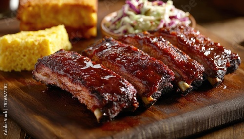 BBQ ribs, cornbread, and coleslaw on wooden board.