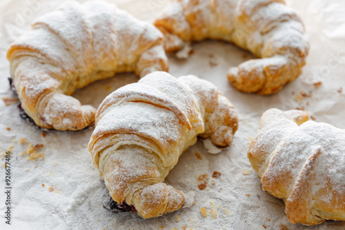 Fotografi Croissants sprinkled with powdered sugar, close-up.